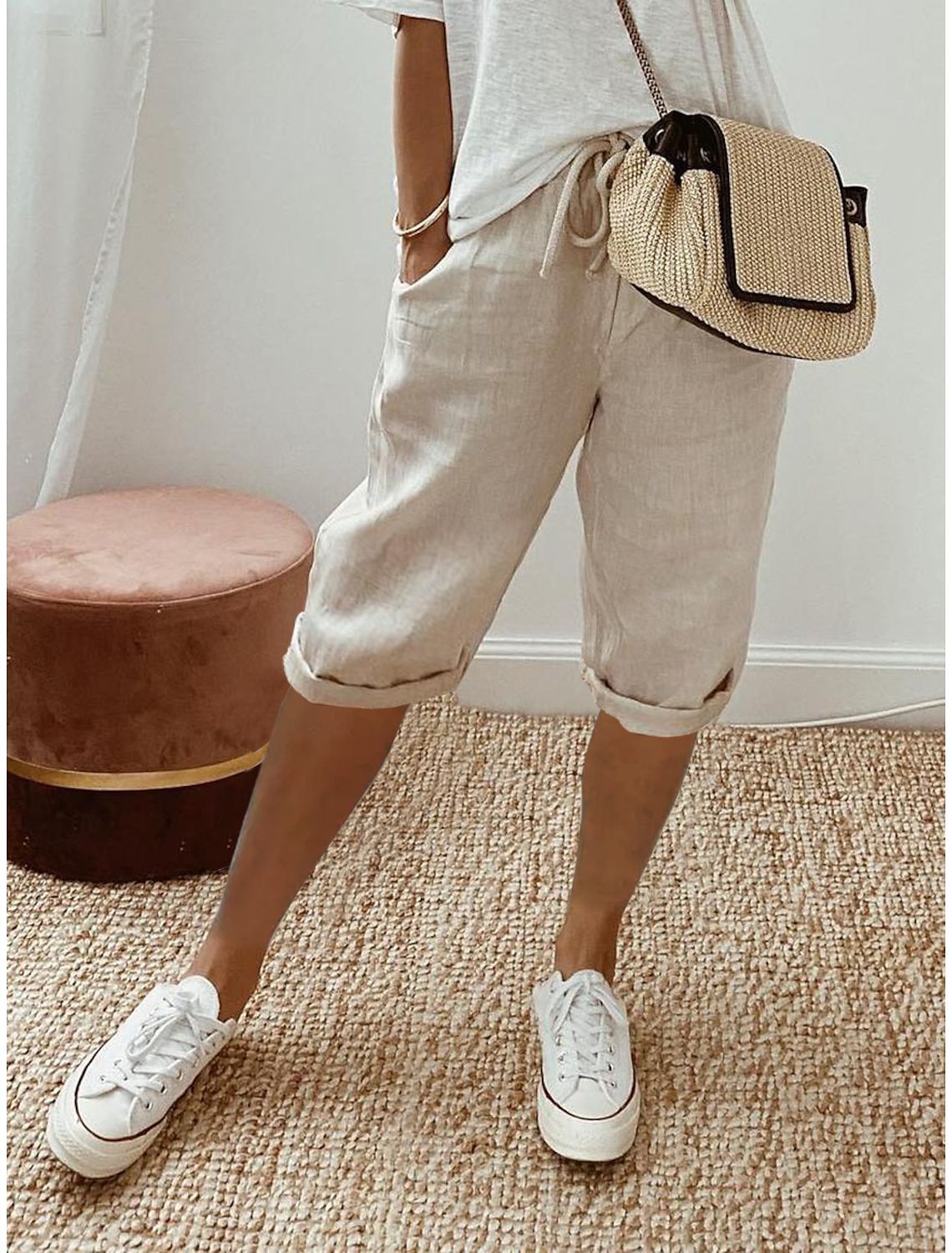 Women's Elastic Waist Casual Pants with Flap Pockets