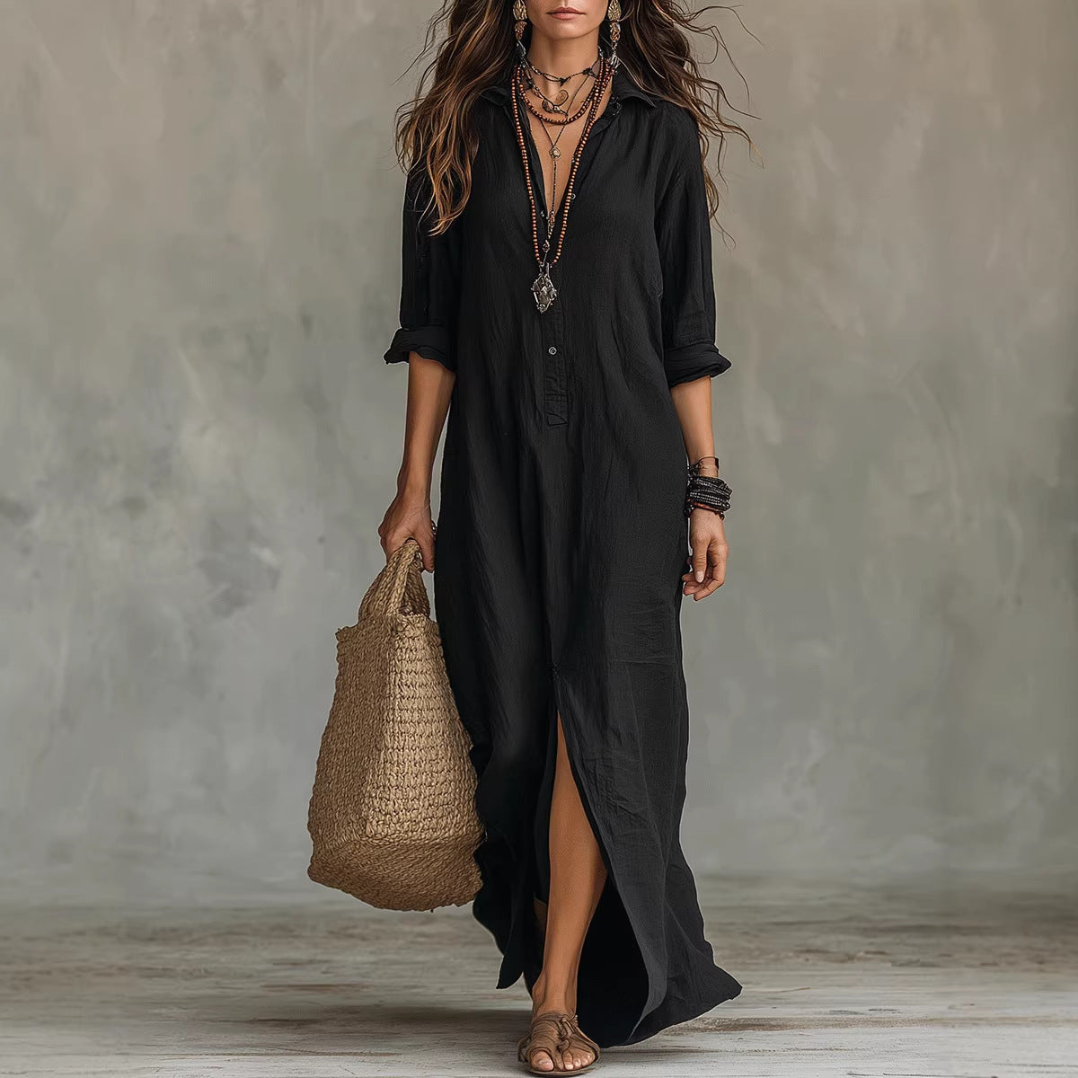 Women Lapel Half Button Maxi Shirt Dress Rolled 3/4 Sleeve Front High Slit Loose Boho Long Dress