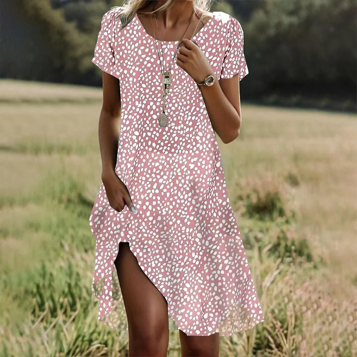 Artistic ethnic style midi dress with a large round neck