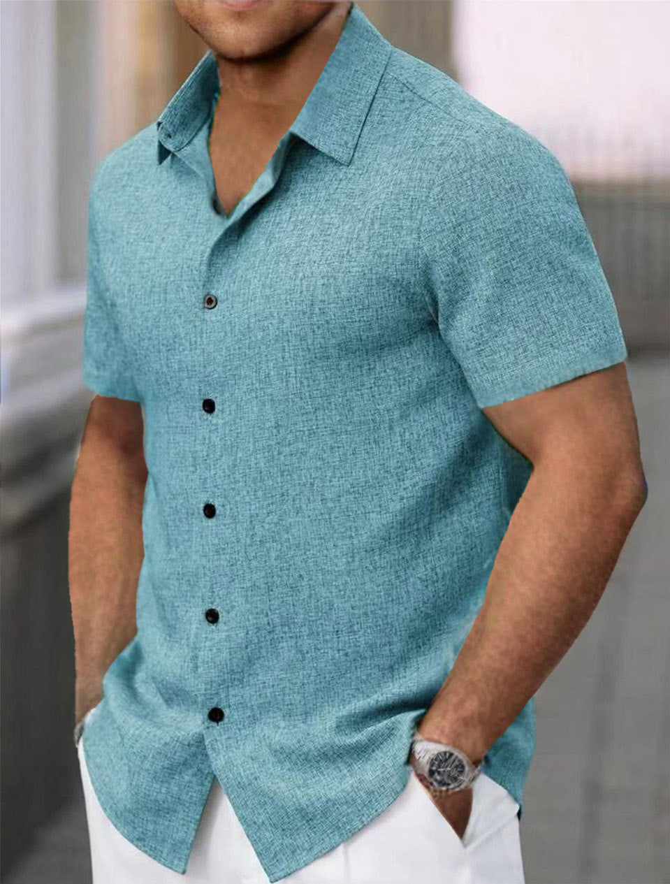 Men's Cotton Linen Lapel Short Sleeve Shirt