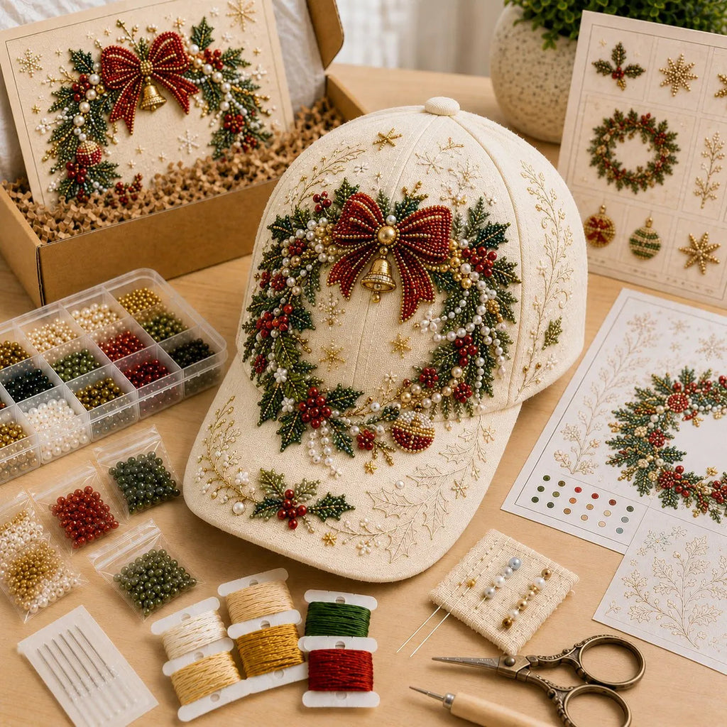 🔥HOT SALE🔥🎄🧢 Premium Christmas Beaded Hat DIY Kit | Luxury Flocked Canvas with Scratch-Resistant Non-Fading Pearl Beads DIY Handmade Holiday Cap Decor 🎅🪡✨