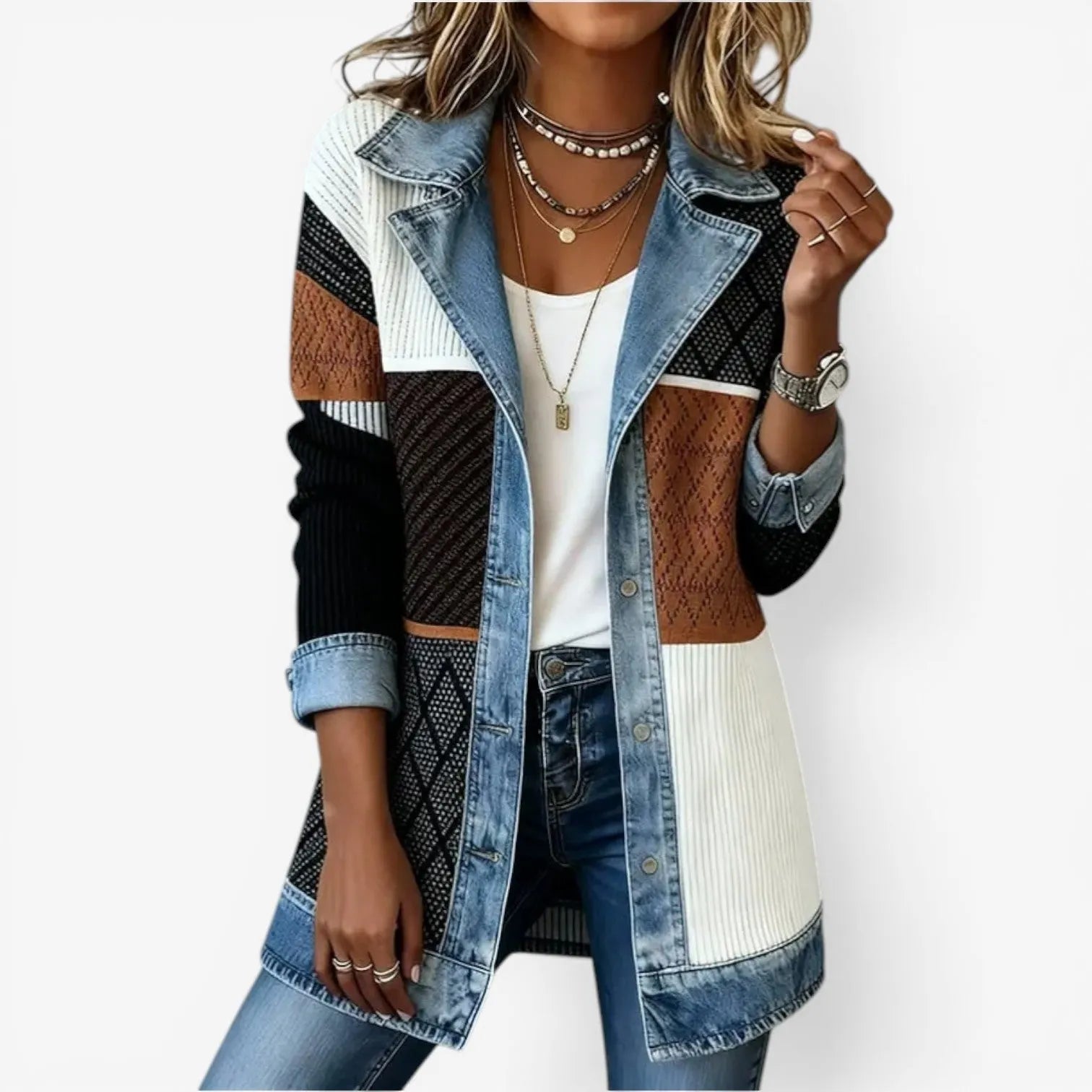Elegant mixed-media denim and knit cardigan.