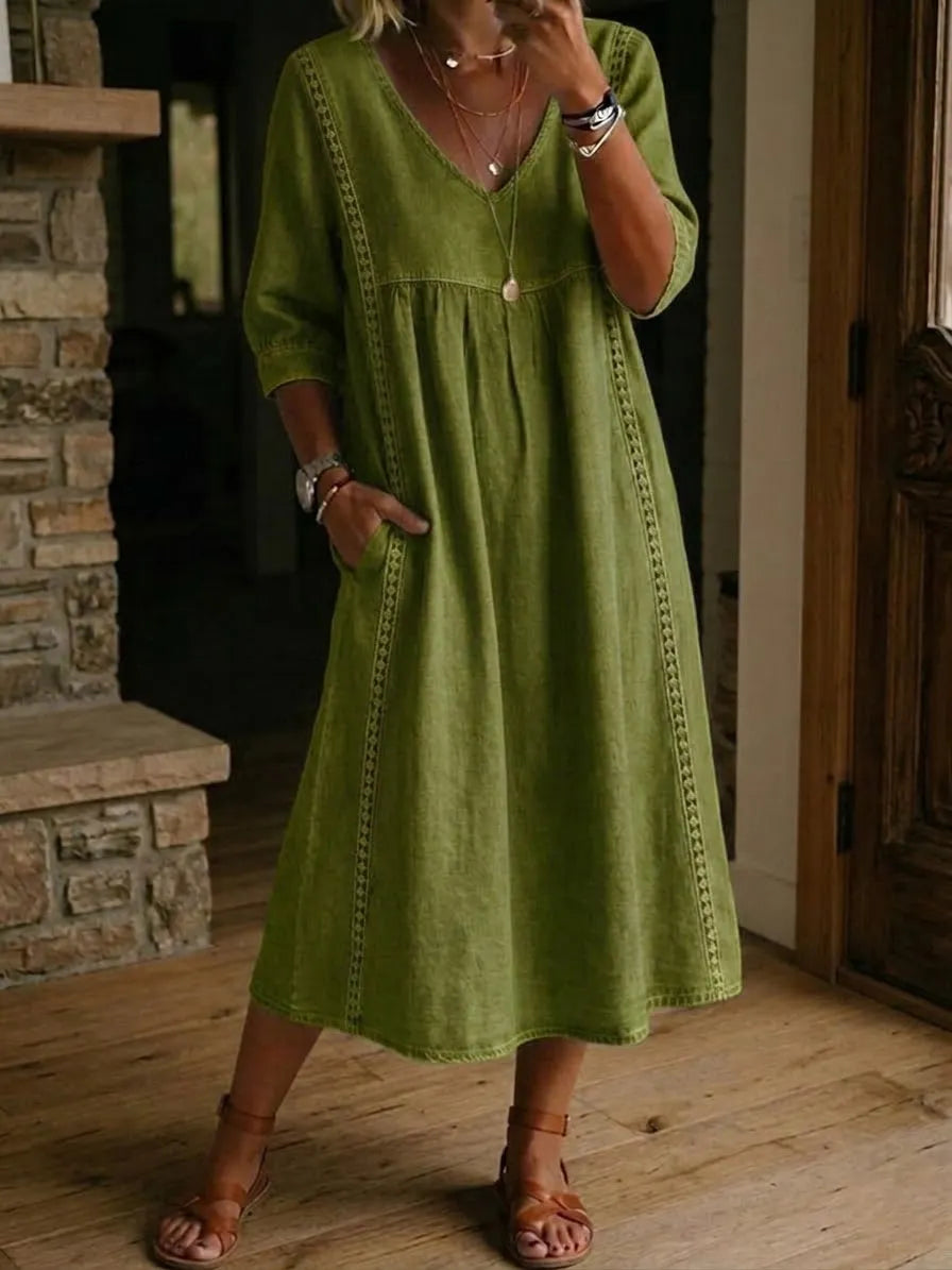 Women's Casual Loose-fitting Patchwork Lace Trim Linen And Cotton Dress