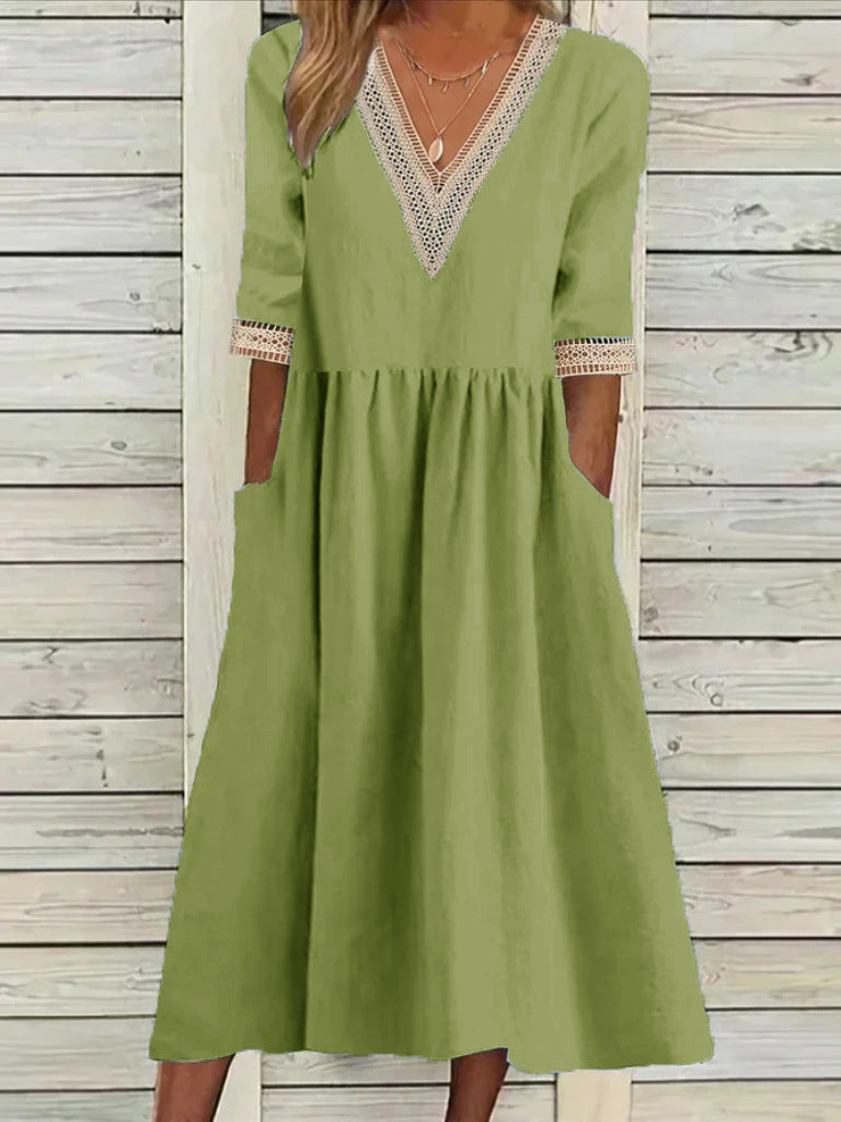 Women's V-Neck Lace Trim Midi Dress