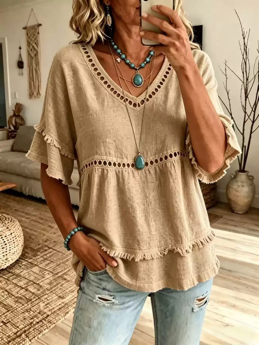 Women's V-Neck Eyelet Ruffle Trim Peplum Blouse