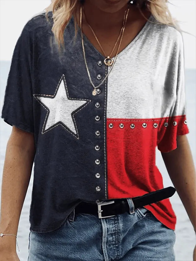 Women's Short Sleeve T-shirt Summer As Picture Independence Day (Flag) Printing V Neck Daily Going Out Casual Top