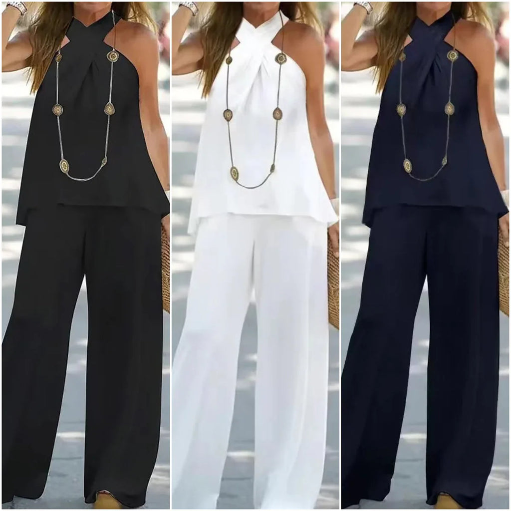 two-piece set of pants with neckline