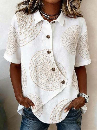 Cotton And Linen Shawl Collar Short Sleeve Asymmetry Placket Design Button Summer Going Out Casual Shirt
