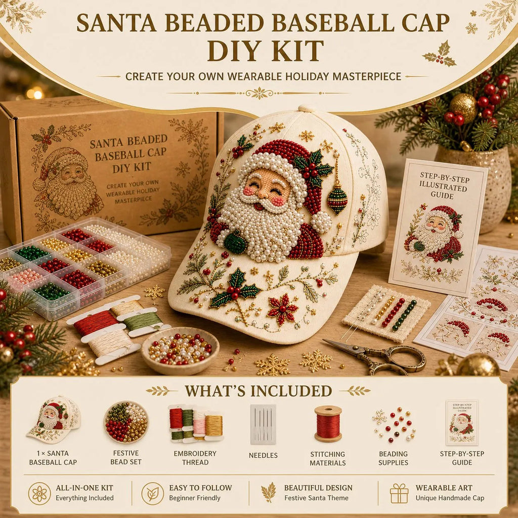 🔥HOT SALE🔥🎄🧢 Premium Christmas Beaded Hat DIY Kit | Luxury Flocked Canvas with Scratch-Resistant Non-Fading Pearl Beads DIY Handmade Holiday Cap Decor 🎅🪡✨