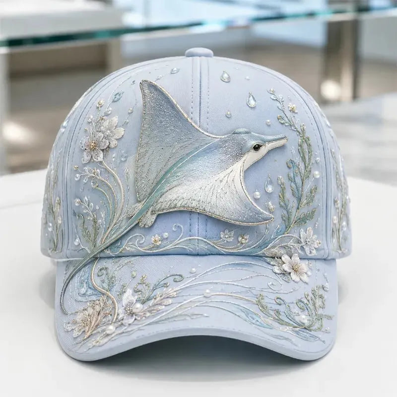 🌊 3D Ocean Creatures Embroidery Cap | Pearl & Crystal Adjustable Hat for Beach, Travel & Everyday Wear