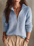 Relaxed Fit Half Zip Collar Knit Top Solid Long Sleeve Sweater