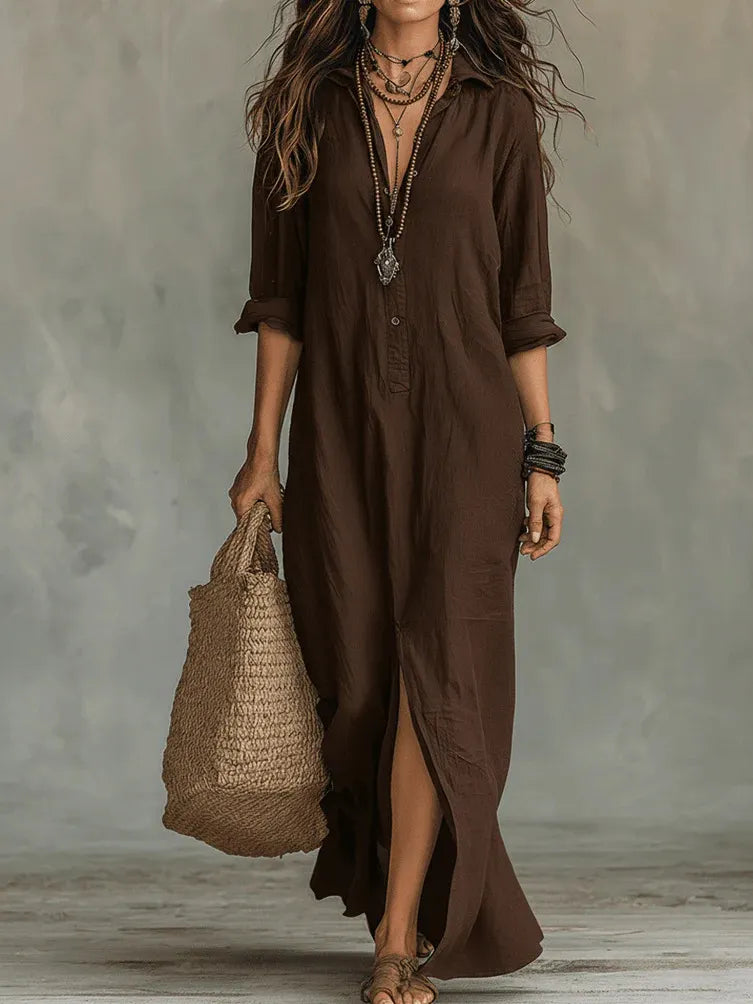 Women Lapel Half Button Maxi Shirt Dress Rolled 3/4 Sleeve Front High Slit Loose Boho Long Dress