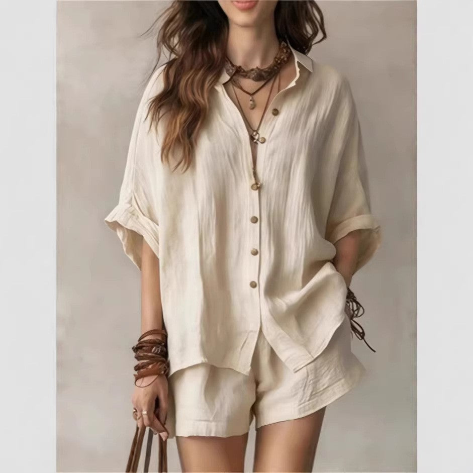 Solid-color loose button-down shirt and shorts set – stylish, casual plus-size matching set