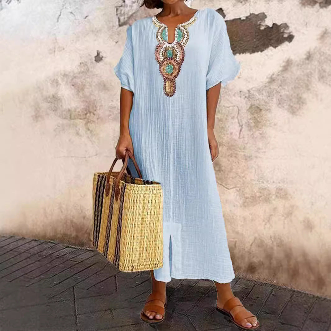 Women's Boho Embroidered Linen-Blend Kaftan Maxi Dress