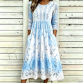 Loose-Fit Round-Neck Dress with Mid-Length Sleeves and Side Pockets