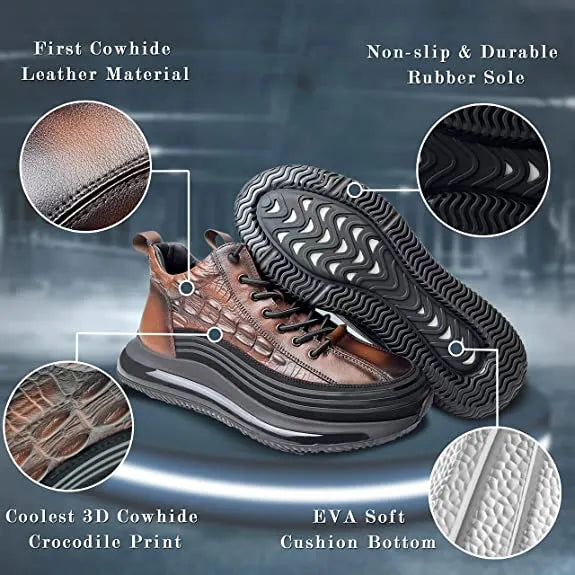 Mens Crocodile Print Genuine Leather Non-slip Arch Support Casual Sneakers