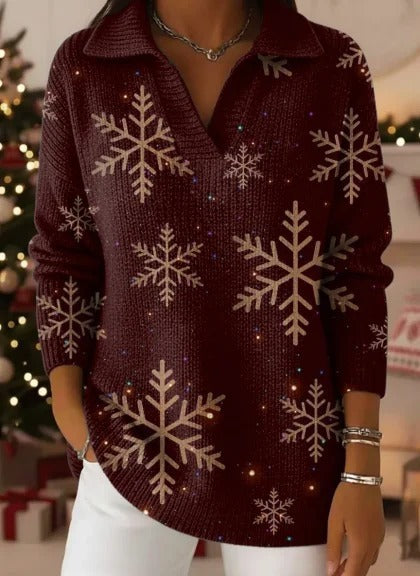 V‑Neck Polo Style Rib Knit Long Sleeve Sweater For Women