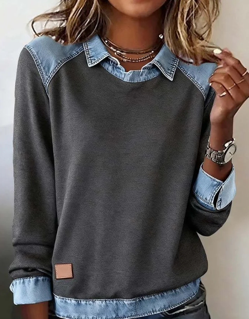 Denim Collar Patchwork Knit Pullover