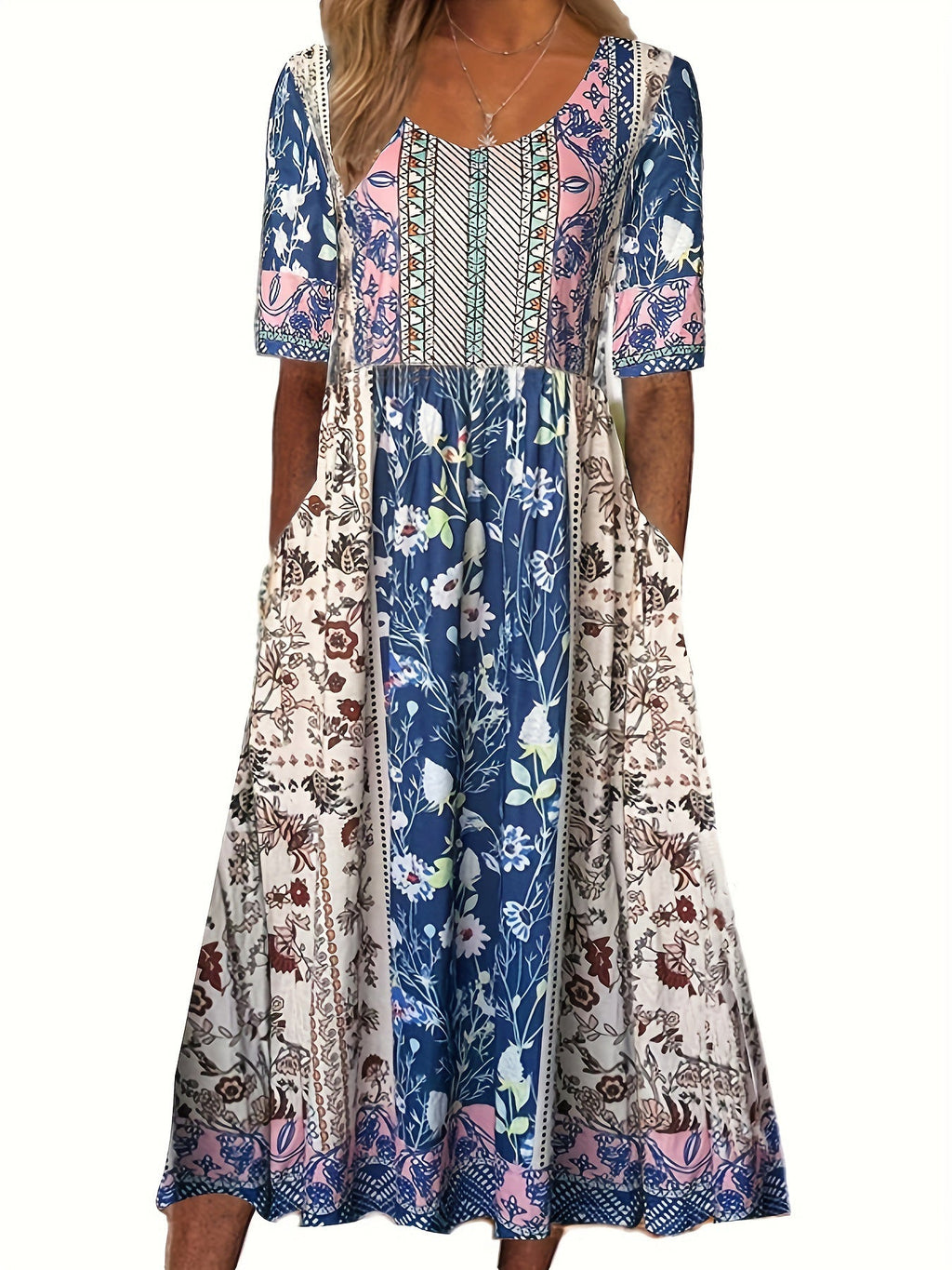 Women's round neck short sleeve bohemian print dress
