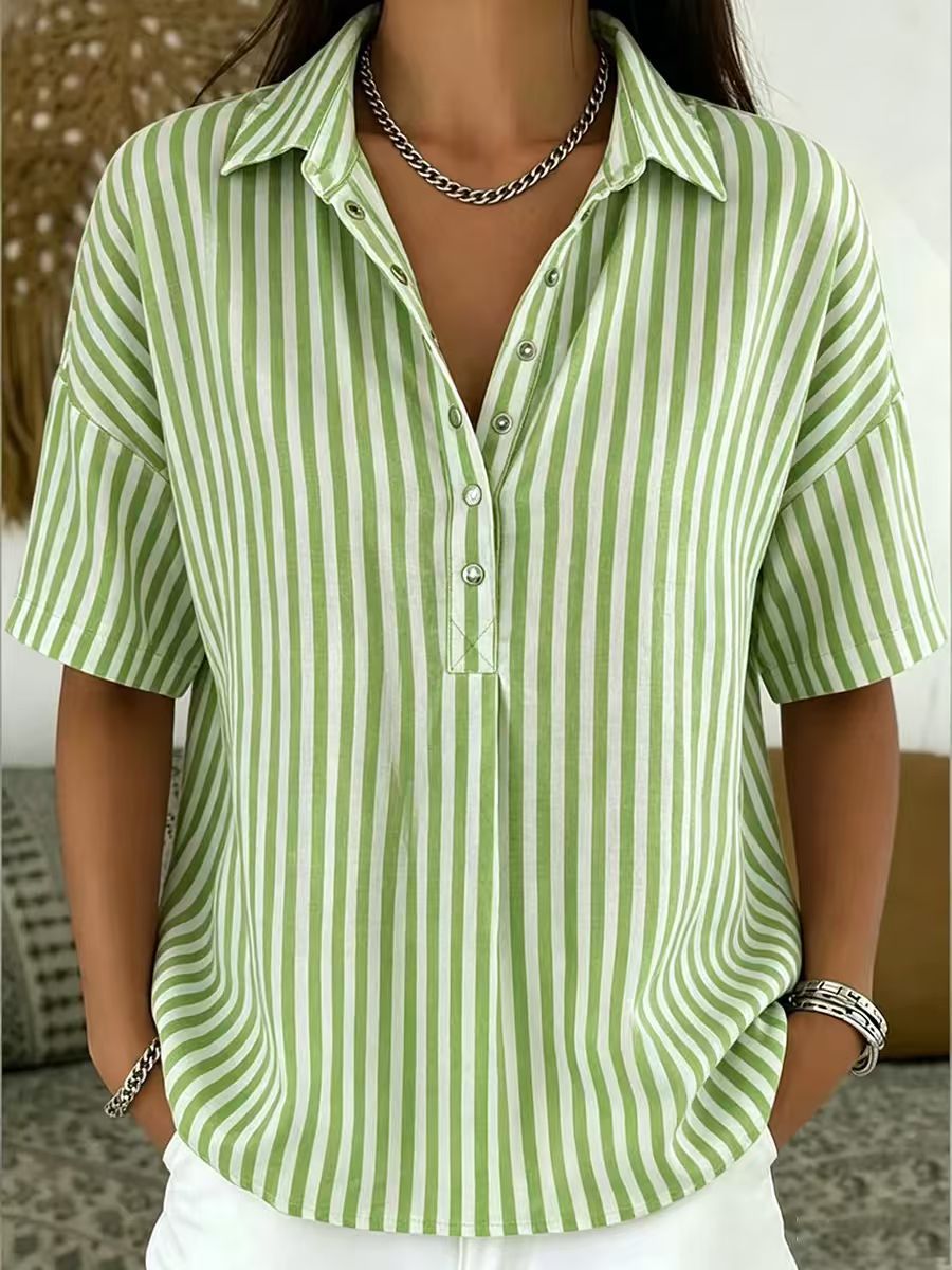 Minimalist Summer Oversized Collar Blouse, Women Short Sleeve Button Front Striped Resort Shirt