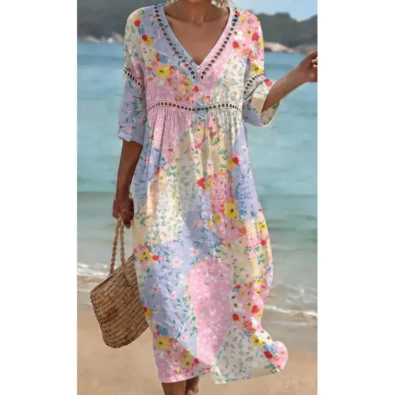 Women's V-Neck Floral & Print Midi Dress