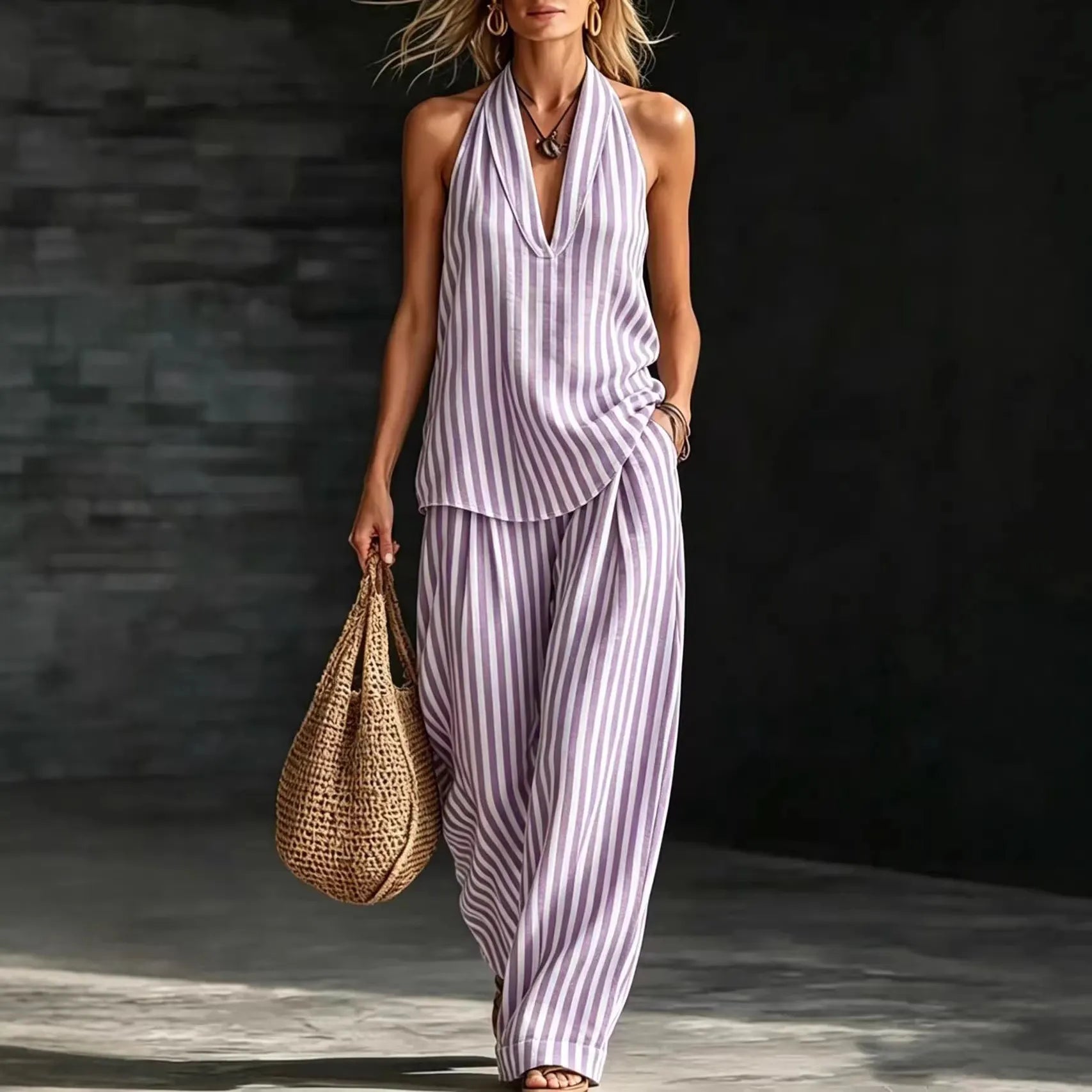 Relaxed Fit Vertical Stripe Two Piece Outfit, Ladies Backless Halter Top & High Waist Wide Leg Trousers Set