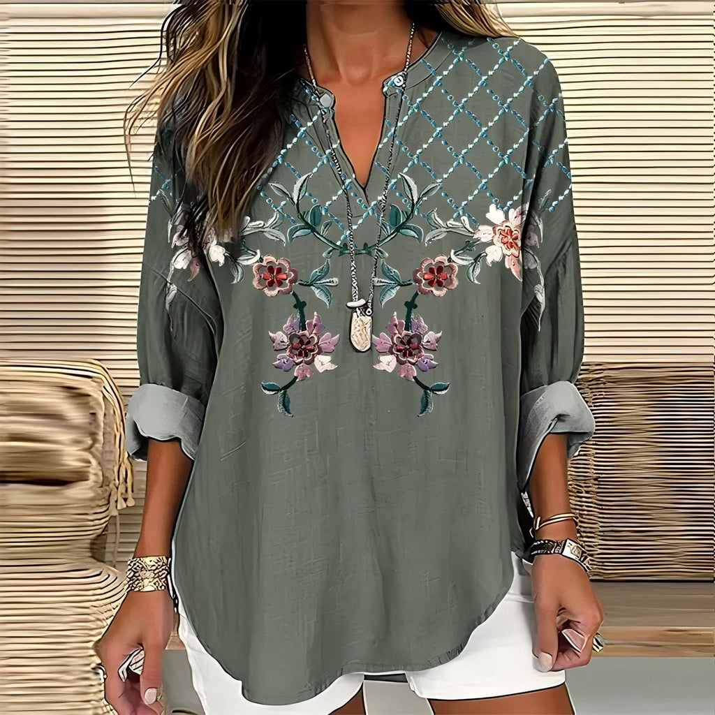 Split V-Neck 3/4 Sleeve Loose Fit Casual Top
