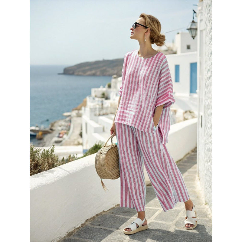 Women's Striped Linen Blend Two-Piece Co-ord Set