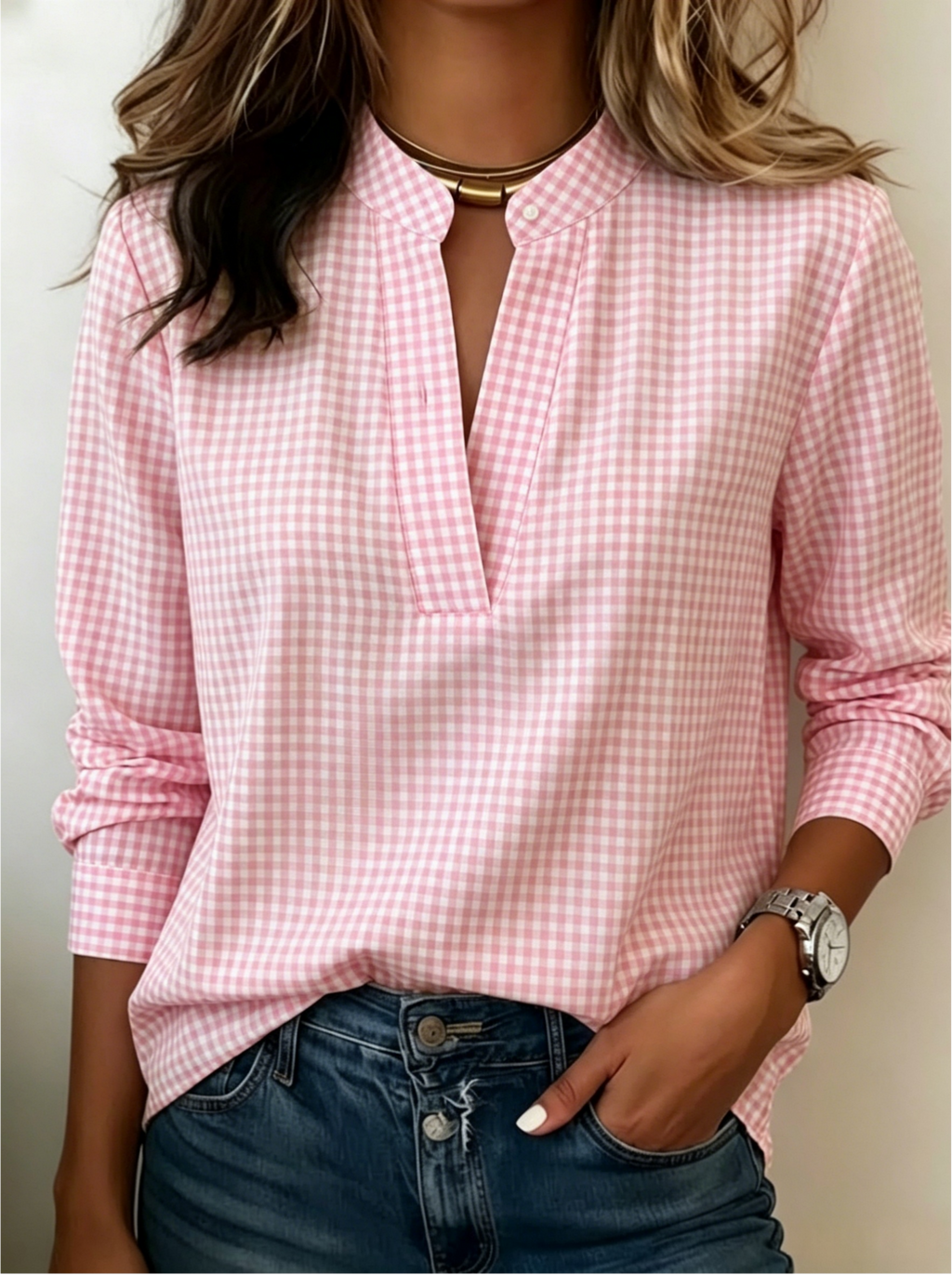Today 50% Off🔥Women’s Classic Gingham Split V-Neck Blouse