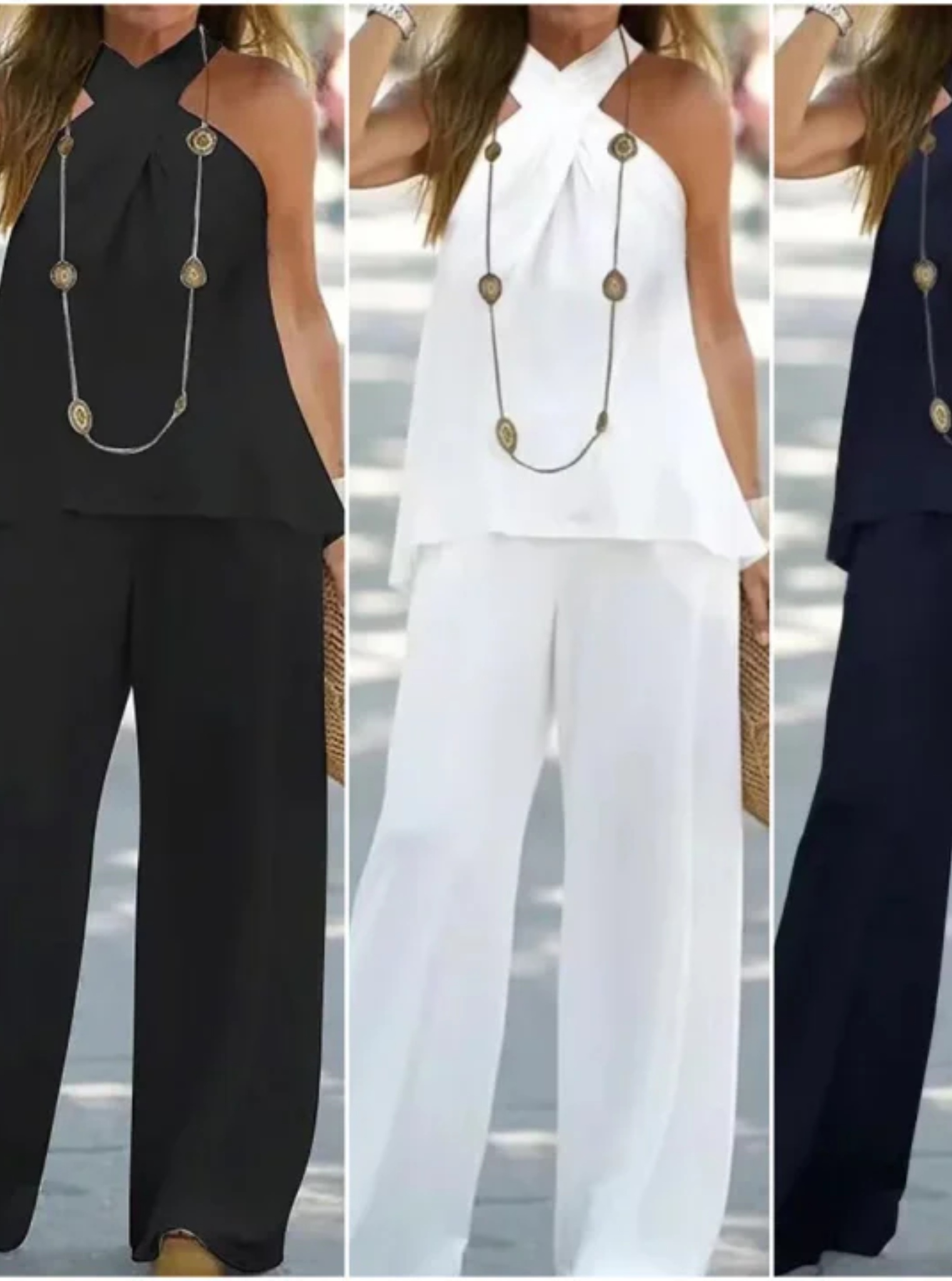 two-piece set of pants with neckline