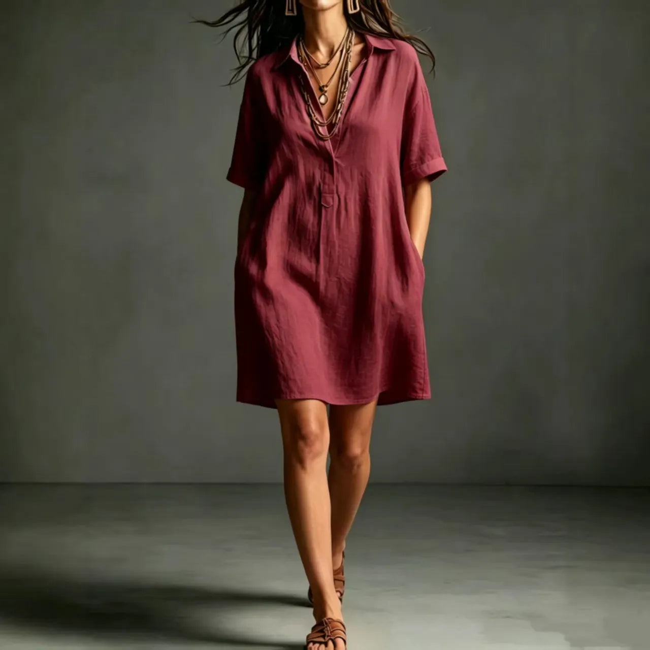 Minimalist Solid Color Shirt Dress Turn Down Collar V Neck Half Button Short Sleeve Relaxed Vacation Mini Dress