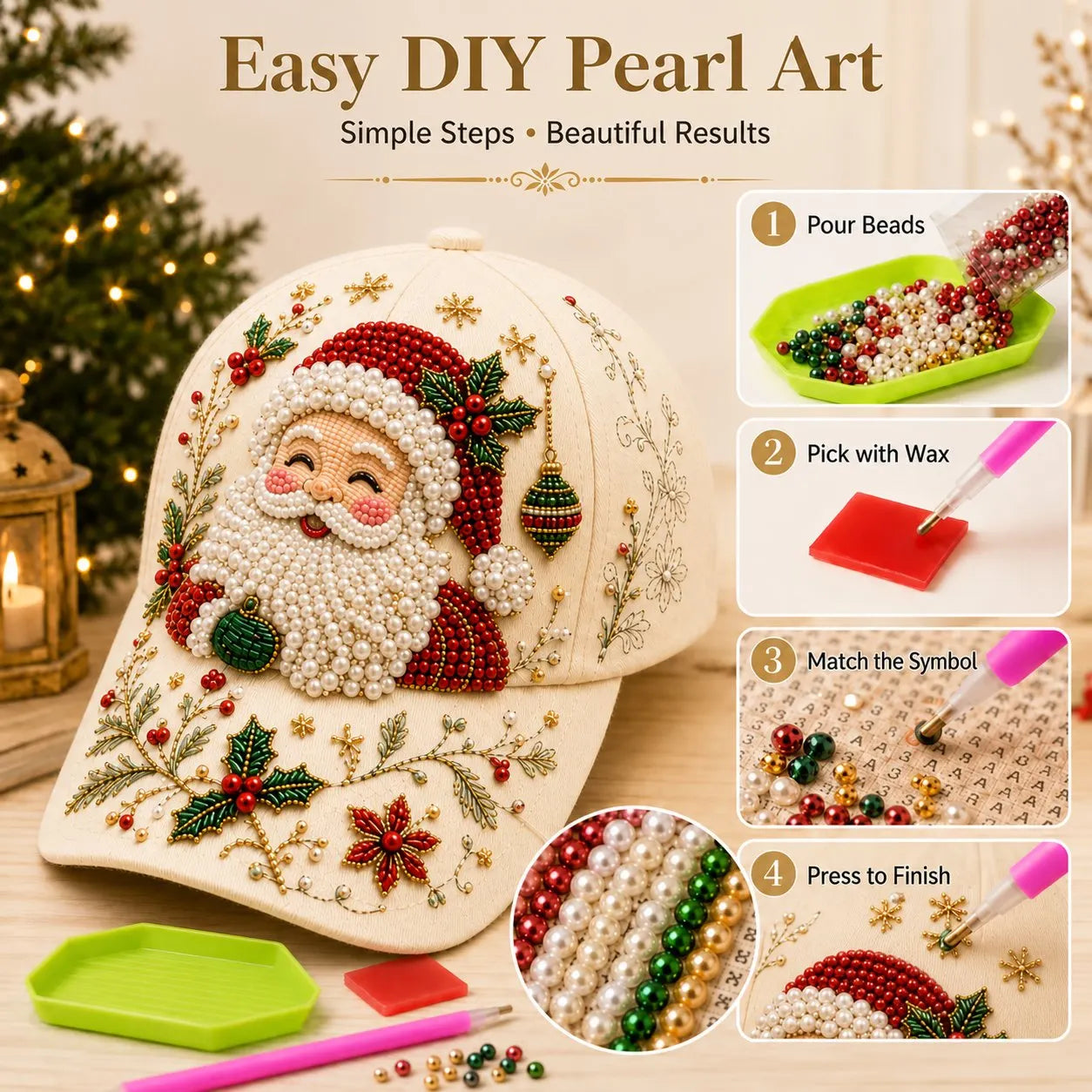 🔥HOT SALE🔥🎄🧢 Premium Christmas Beaded Hat DIY Kit | Luxury Flocked Canvas with Scratch-Resistant Non-Fading Pearl Beads DIY Handmade Holiday Cap Decor 🎅🪡✨