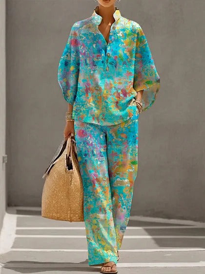 Stand-up collar polo shirt & wide-leg pants retro print two-piece set