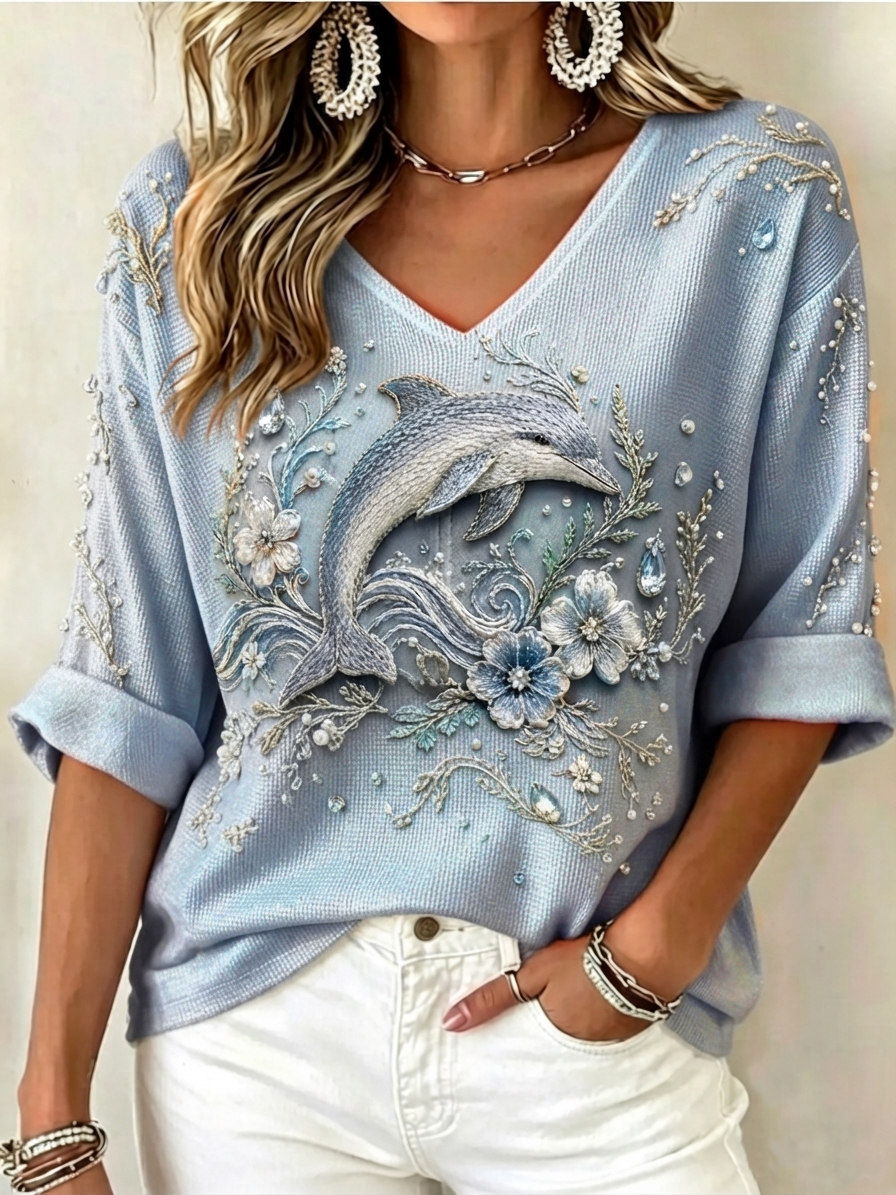 Women's Ocean Embellished V-Neck Knit Top – Relaxed Rolled Sleeve Style