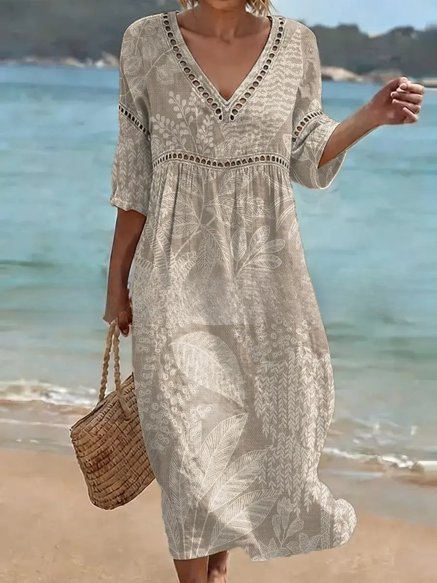 Women's V-Neck Floral & Print Midi Dress