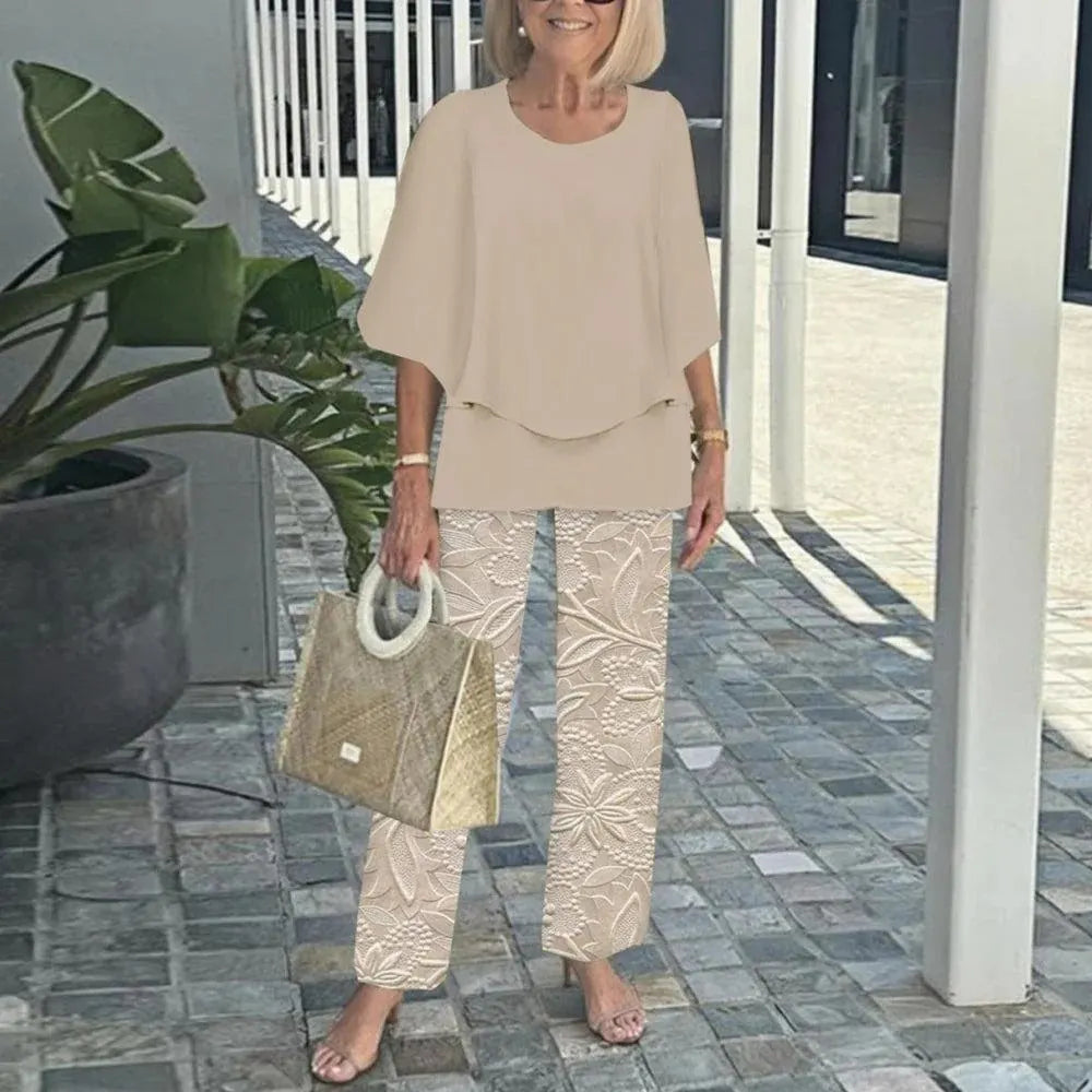 Women Round Neck Mid Sleeve Loose Top & Printed Straight Pants 2 Piece Co Ord Set