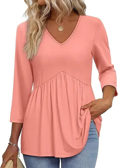 Women V Neck 3/4 Sleeve Leaf Print Empire Waist Tunic Top
