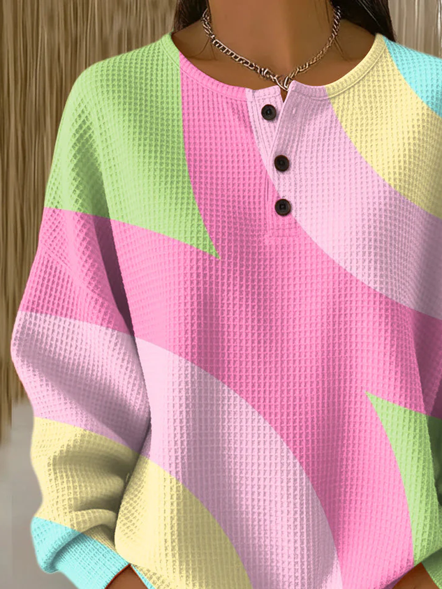 Women's Abstract Print Button-Up Casual Waffle Knit Sweatshirt