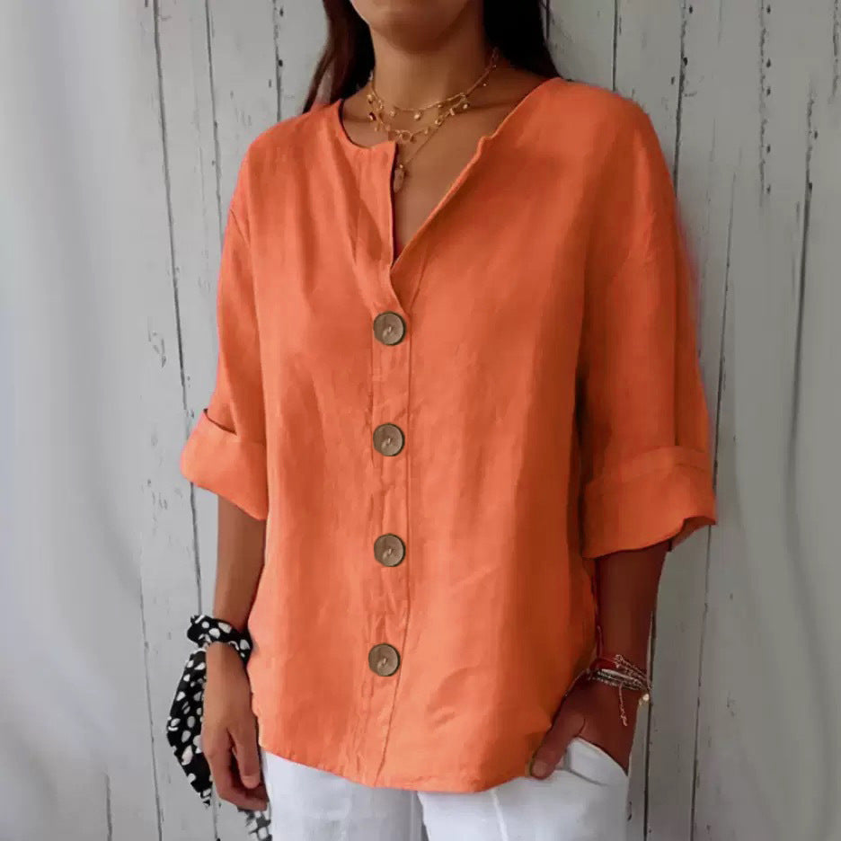 Loose Shirt Women's V-neck Cotton and Linen Button T-shirt Top Women