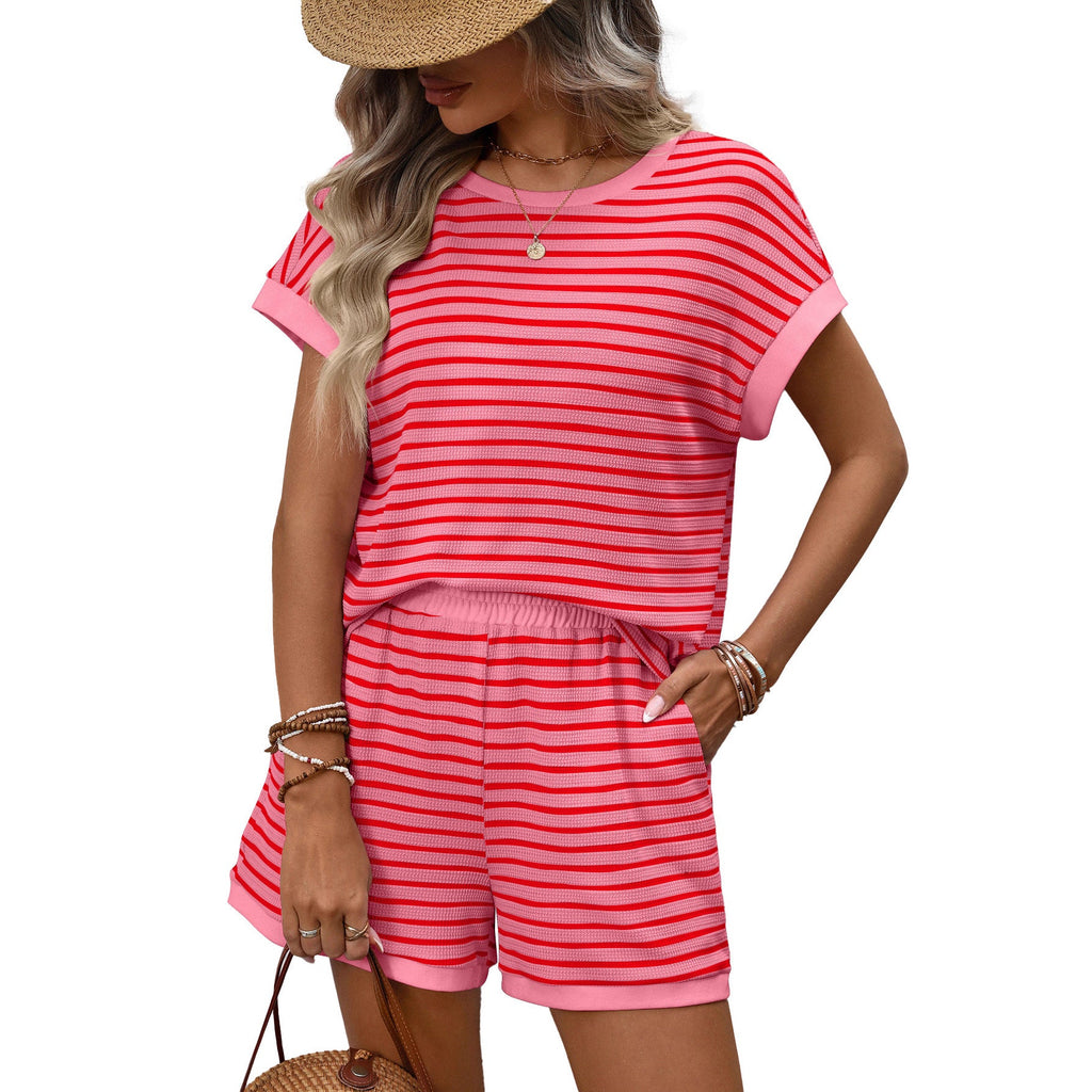 Loose Striped Round Neck Tee & Drawstring Pocket Shorts Casual Vacation Co Ord Set