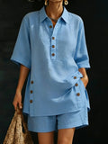 Women Collar Half Button 2 Piece Matching Set Side Button Tunic Top Loose Shorts Resort Casual Outfit