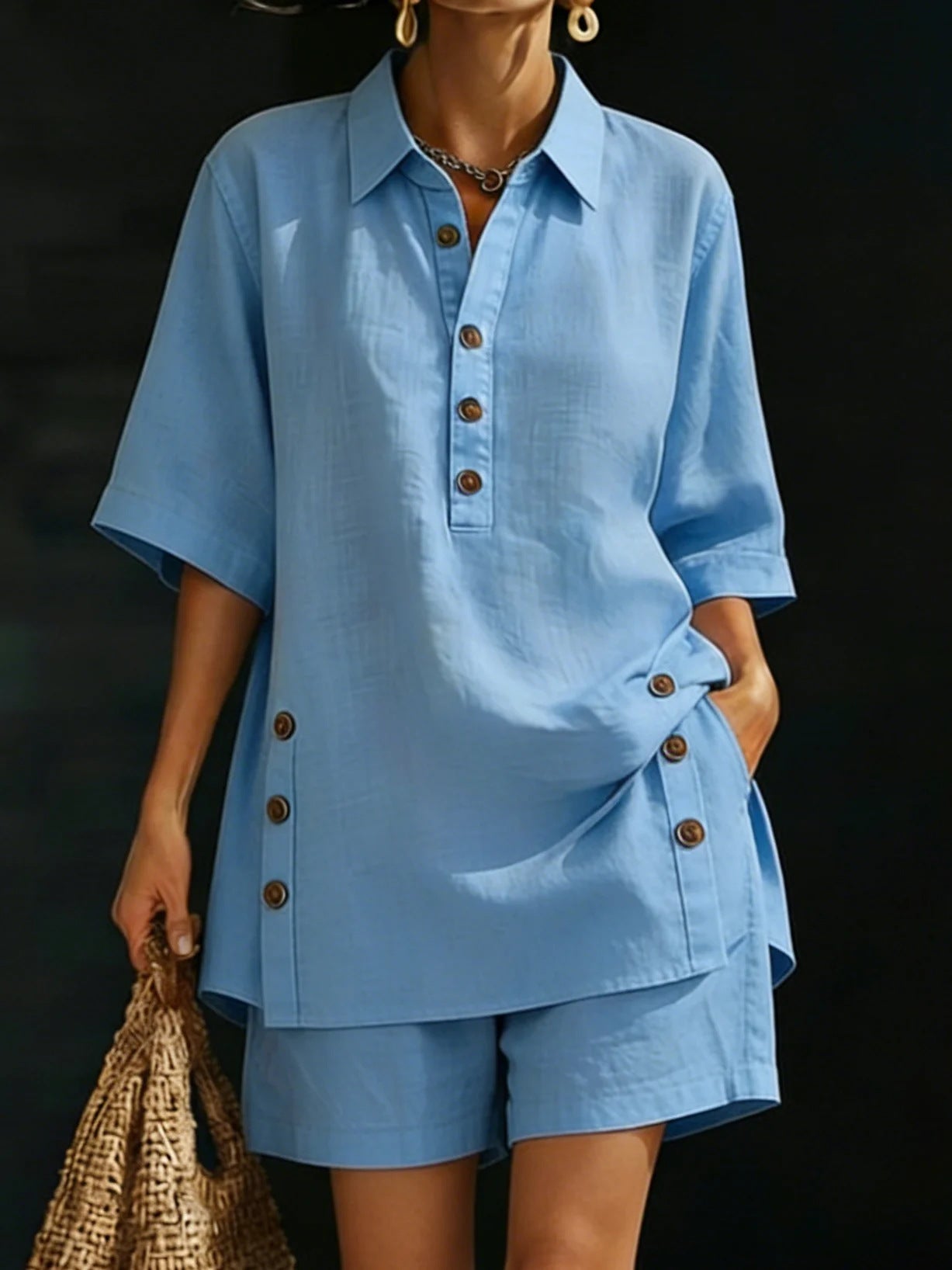 Women Collar Half Button 2 Piece Matching Set Side Button Tunic Top Loose Shorts Resort Casual Outfit