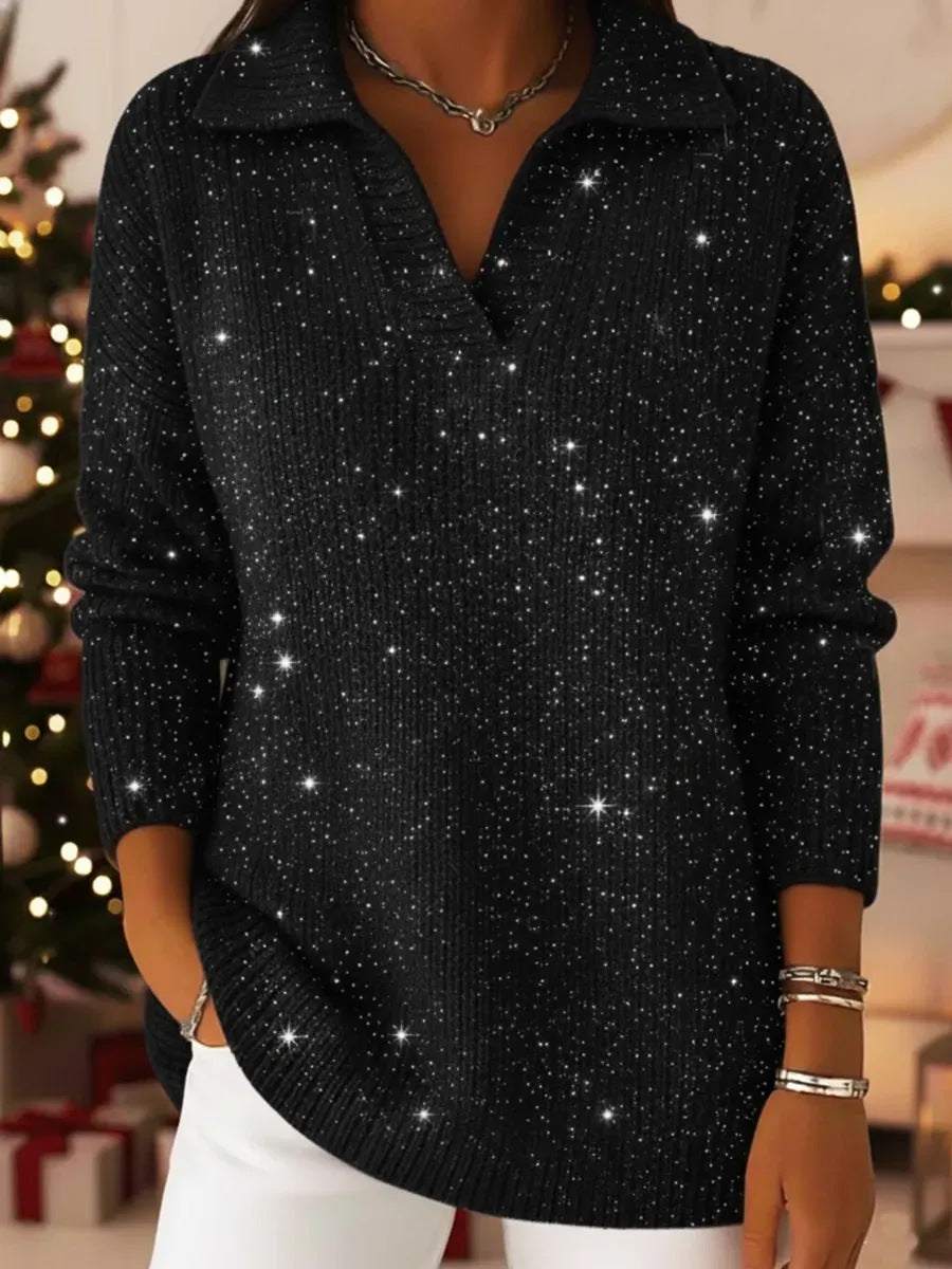 V‑Neck Polo Style Rib Knit Long Sleeve Sweater For Women