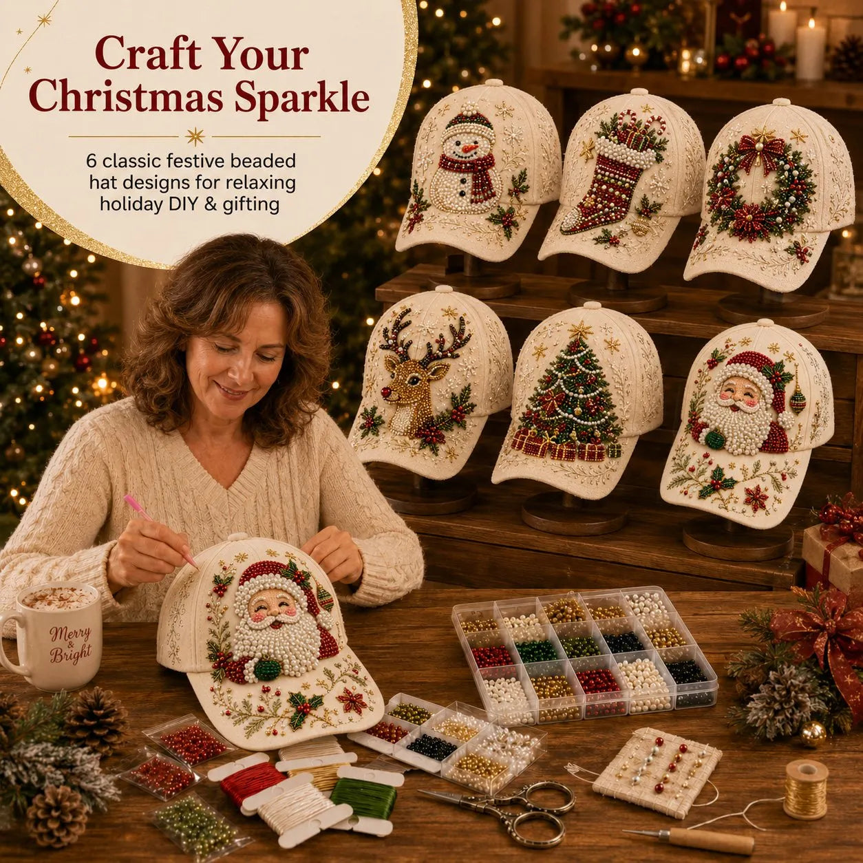 🔥HOT SALE🔥🎄🧢 Premium Christmas Beaded Hat DIY Kit | Luxury Flocked Canvas with Scratch-Resistant Non-Fading Pearl Beads DIY Handmade Holiday Cap Decor 🎅🪡✨