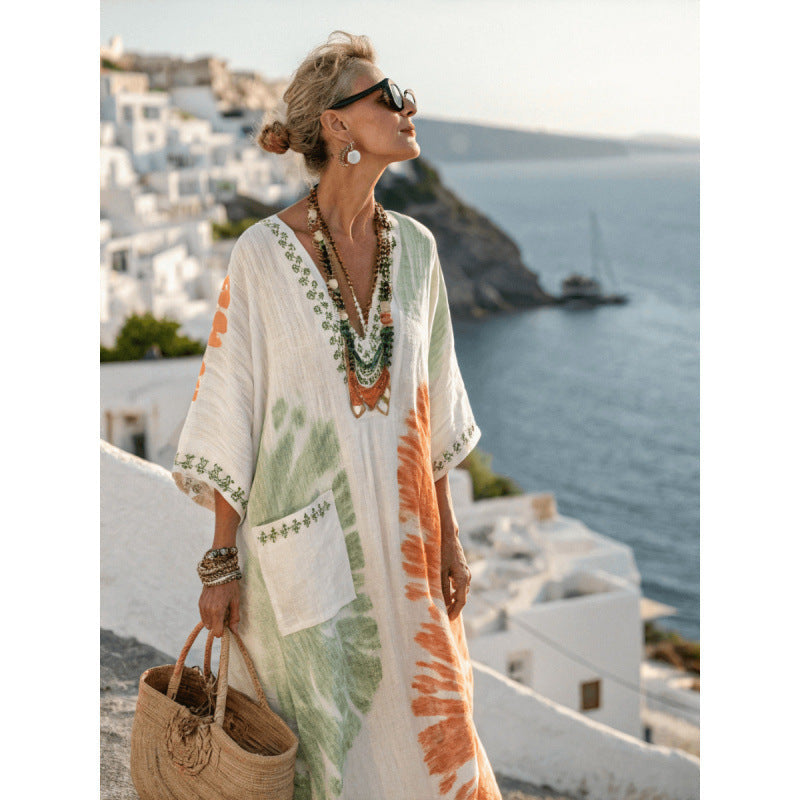 Women's V-Neck Linen-Blend Kaftan Dress