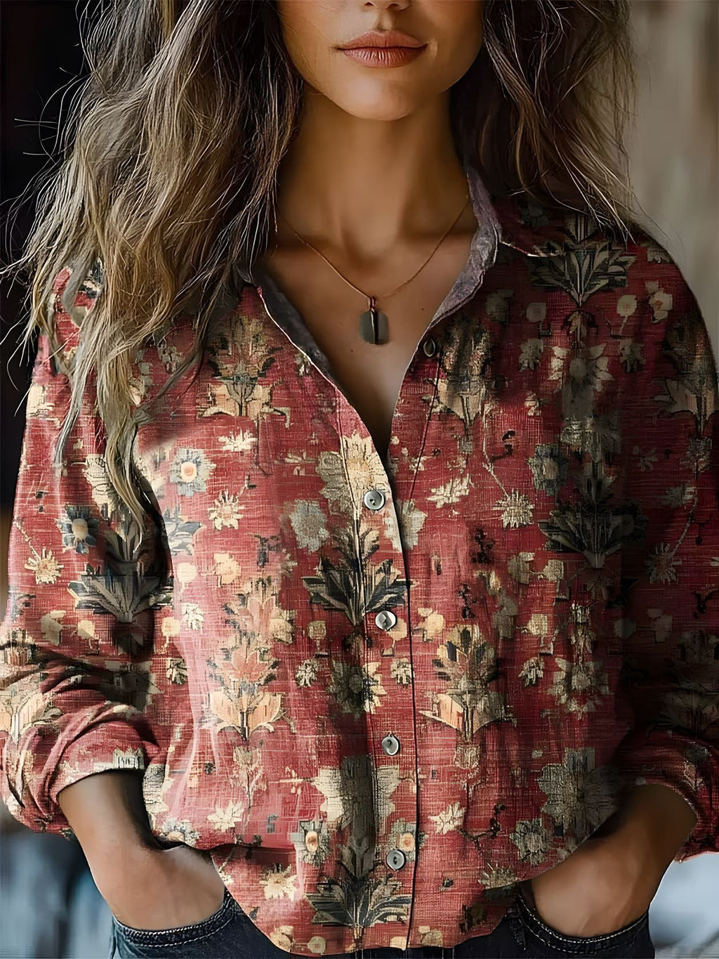 Retro Printed Long-sleeved Casual Shirt