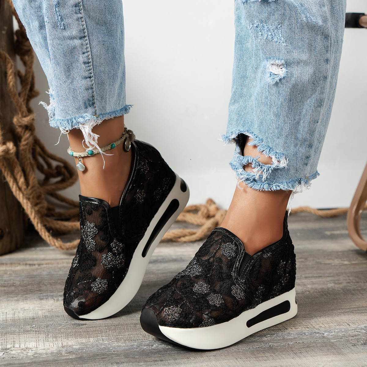 Floral Embroidery Breathable Sheer Mesh Sneakers