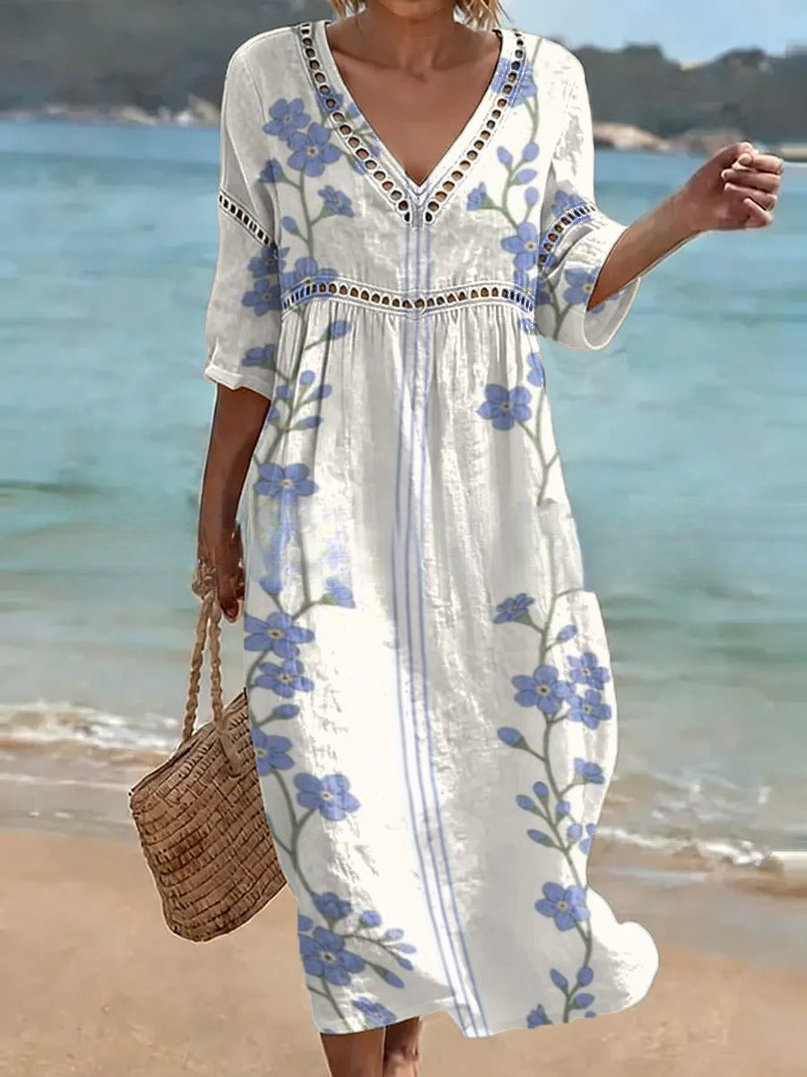 Women's V-Neck Floral & Print Midi Dress