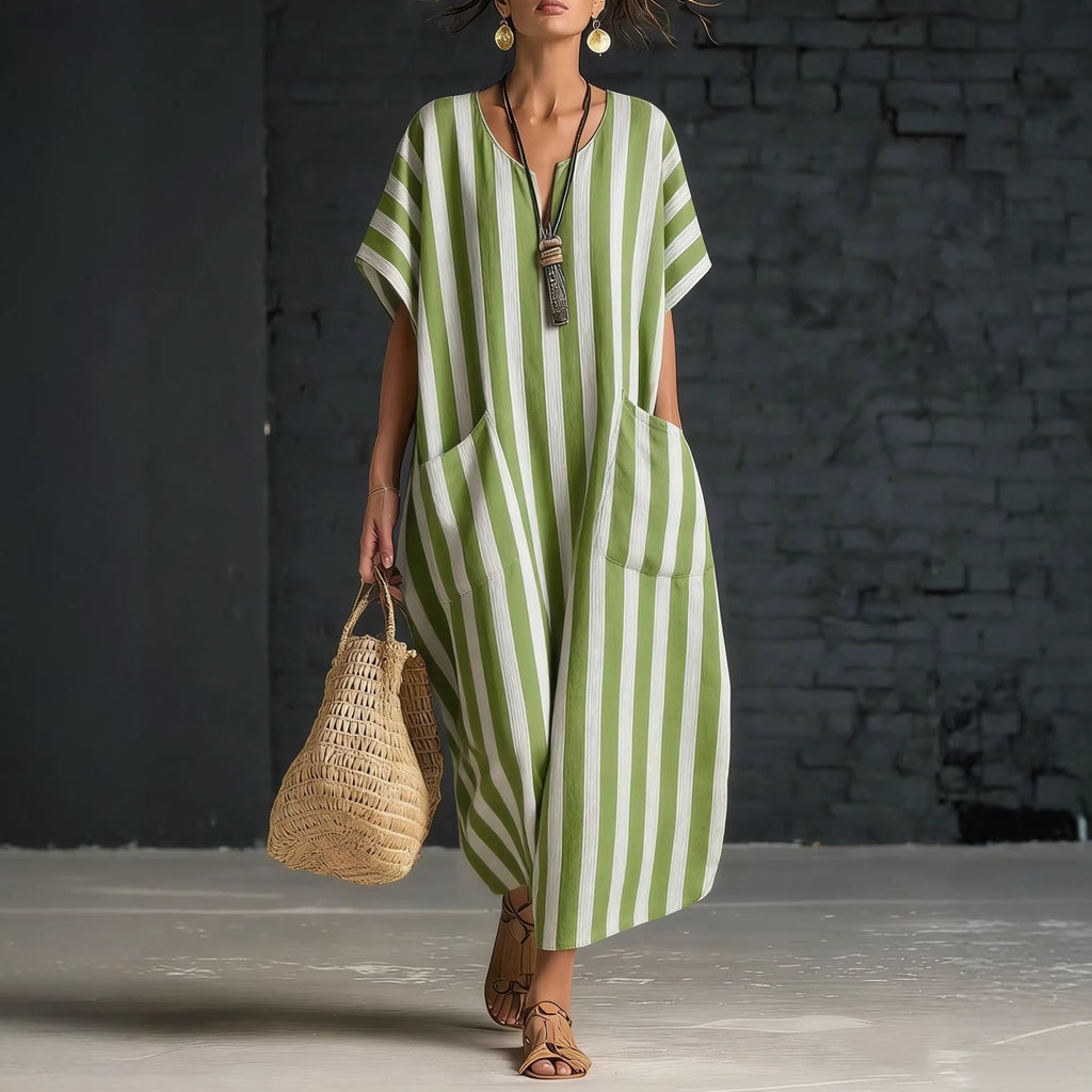 Women's V-Neck Striped Linen Dress