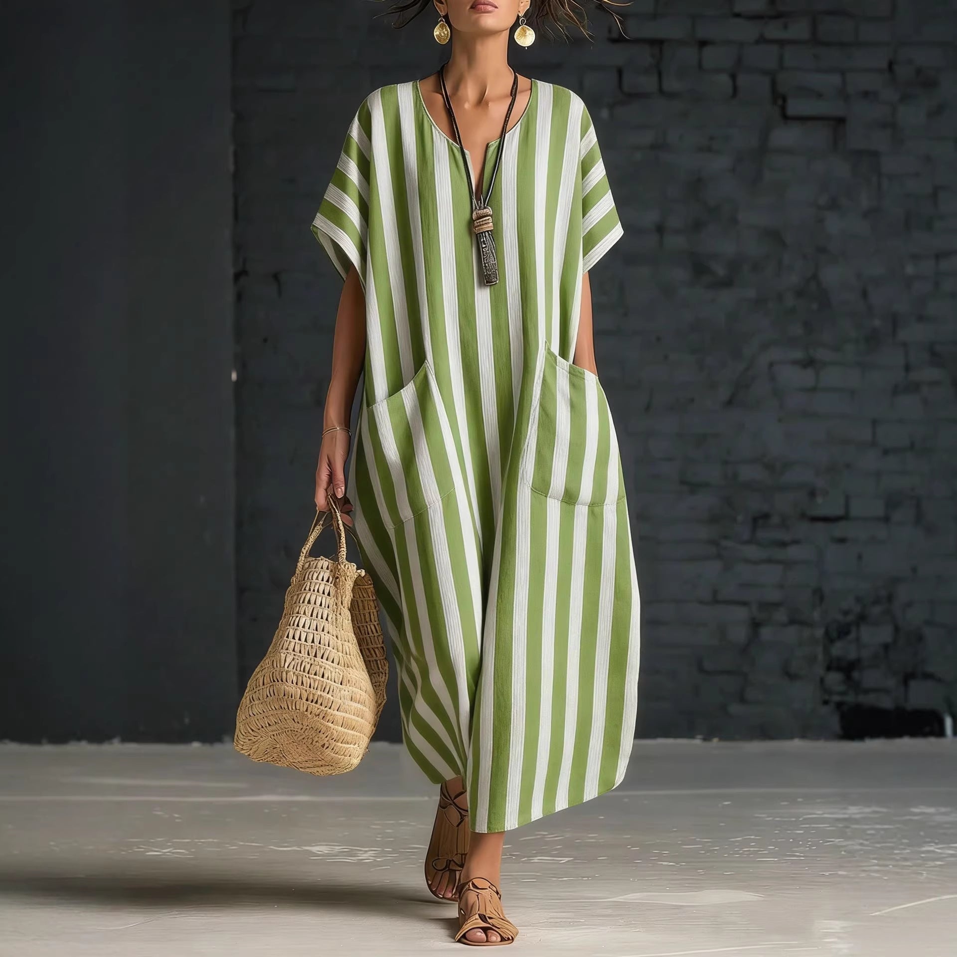 Women's V-Neck Striped Linen Dress